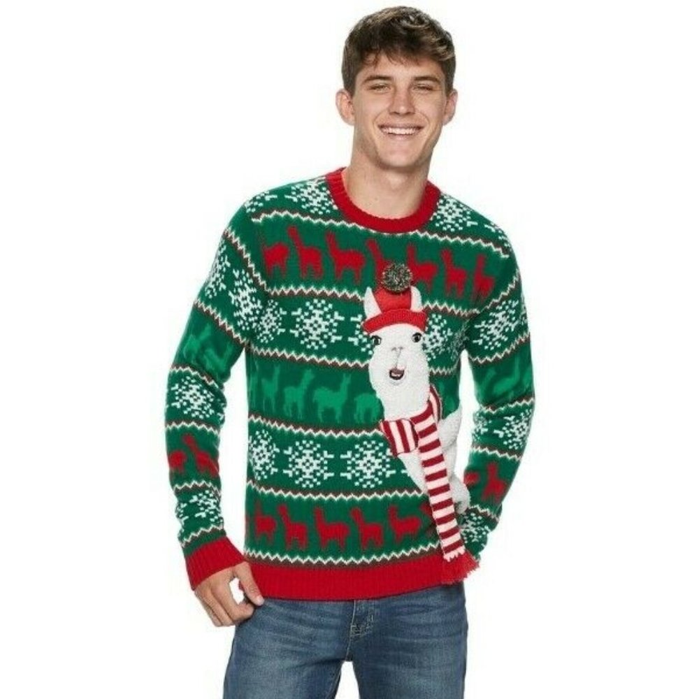 33 Degrees NWT Mens Green Fair Isle Llama Ugly Christmas Sweater Small